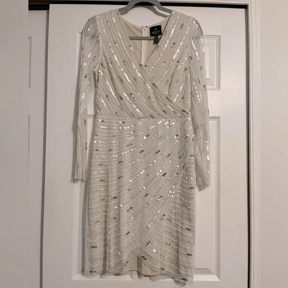 Adrianna Papell Long Sleeve Sequin Beaded Wrap Dress in Ivory Pearl Size 6 - Picture 1 of 6
